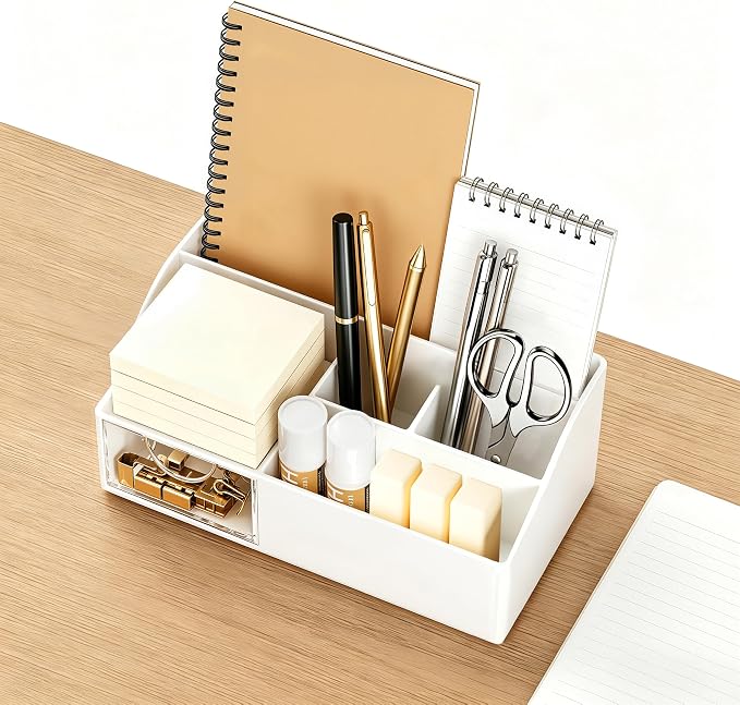HBlife Acrylic Desk Organizer with Drawer, Pen & Pencil Holder, Multifunctional Desktop Caddy for Office Supply and Organization