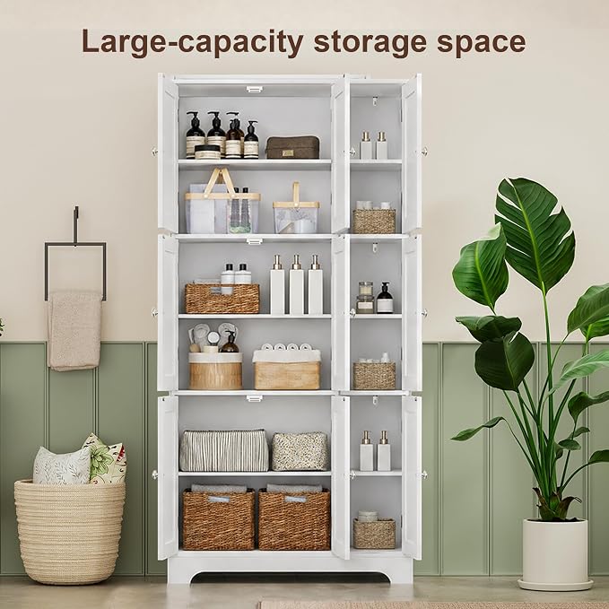 ChooChoo 63.2" Tall Bathroom Storage Cabinet with 9 Doors | Narrow Floor Cabinet, Adjustable Shelves, Slim Pantry Cabinet for Bathroom, Kitchen, Laundry Room, White