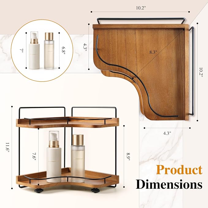 2-Tier Bathroom Counter Organizer, Solid Wood Corner Shelf for Vanity Countertop, Skincare & Makeup Storage Organizer with Metal Frame, Kitchen Counter Storage, Walnut