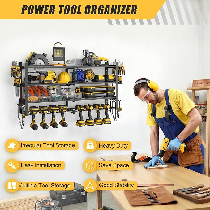 4-Tier Power Tool Organizer Wall Mount, 450LBS Capacity, 8 Drill Holders | 3-Tube Reinforced Design, Holds 50+ Tools, Cordless Tool Organizer, Rust Resistant, Quick Assembly, Garage Gift for Men