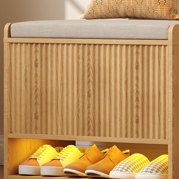 HOMEFORT 23.6" Fluted Shoe Storage Bench, Small Entryway Bench with Linen Seat Cushion, Shoe Cabinet Bench with Adjustable Shelf and Built-in LED Sensor Light, Bench for Bedroom End of Bed,Natural Oak