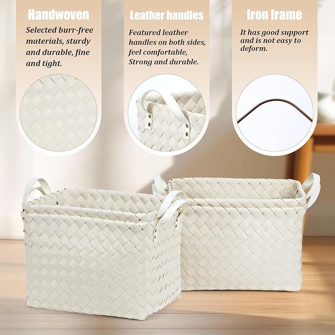Handwoven Clothes Basket Laundry Hampers Large Wicker Storage Baskets for Shelves Blankets Closet Storage Bins Car Bedroom Bathroom Organizers and Storage Bath (Pack of 4, Ivory)