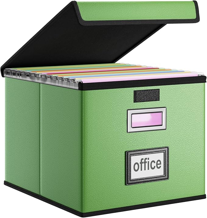 File Organizer Box with Lids, Collapsible File Folder Organizer | File Box with Plastic Slides for Document, Filing Bin for Letter Size Hanging File Folders (1 Pack, Green, Leather)