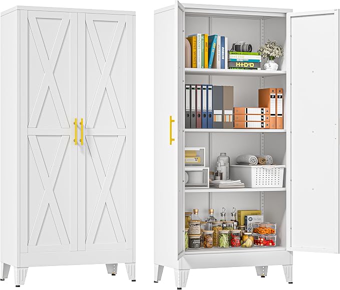 61" Metal Storage Cabinet with 2 Doors and 3 Adjustable Shelves,White Farmhouse Kitchen Pantry Cabinet,Steel Garage Tool Cabinet,File Cabinetfor Home,Office,Dinning Living Room,Warehouse