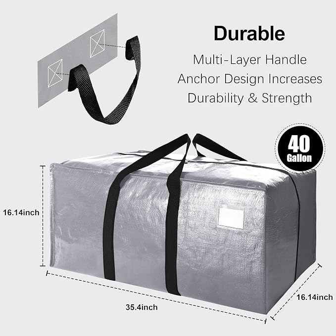 6 Pack Heavy Duty Extra Large Moving Bags W/Backpack Straps - Strong Handles & Zippers, Storage Totes For Space Saving, Fold Flat, Alternative to Box and Bin (40 gal, Silver)