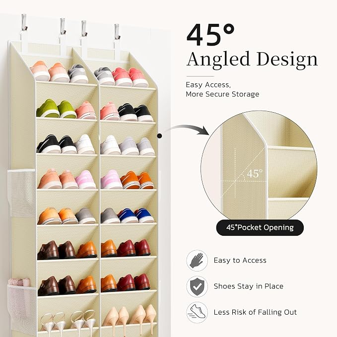 Over the Door Shoe Organizer, 20-30 Pairs Heavy-Duty Hanging Shoe Storage with Large Pockets, 10-Tier Door Shoe Rack with 4 Hooks for Sneakers Sandals Heels Boots (Beige)