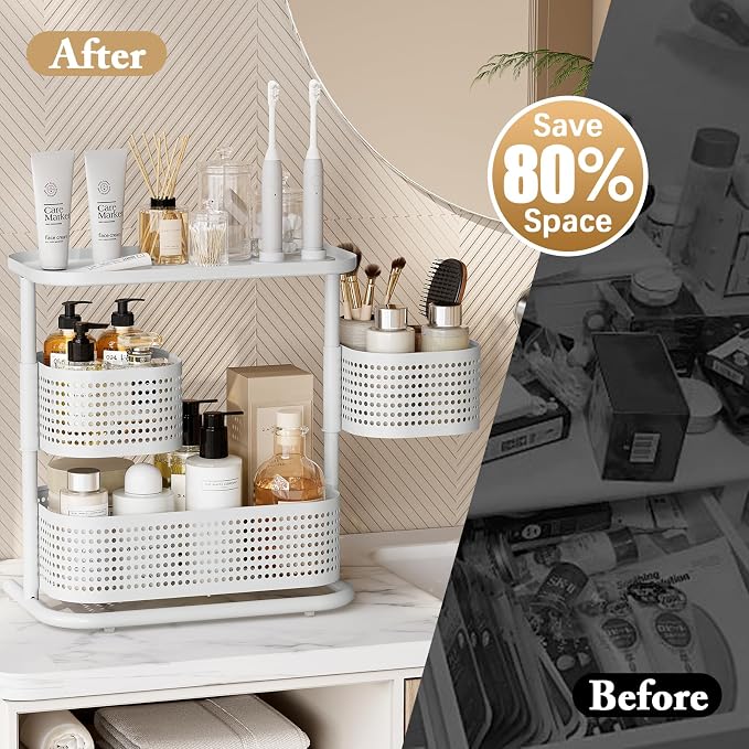KINGRACK Metal Bathroom Counter Organizer，Rotating Countertop Storage Shelf | 3 Tier, Vanity Tray for Makeup & Skincare, Space-Saving Shelf for Bathroom, Kitchen, Baby Bottle Station, White