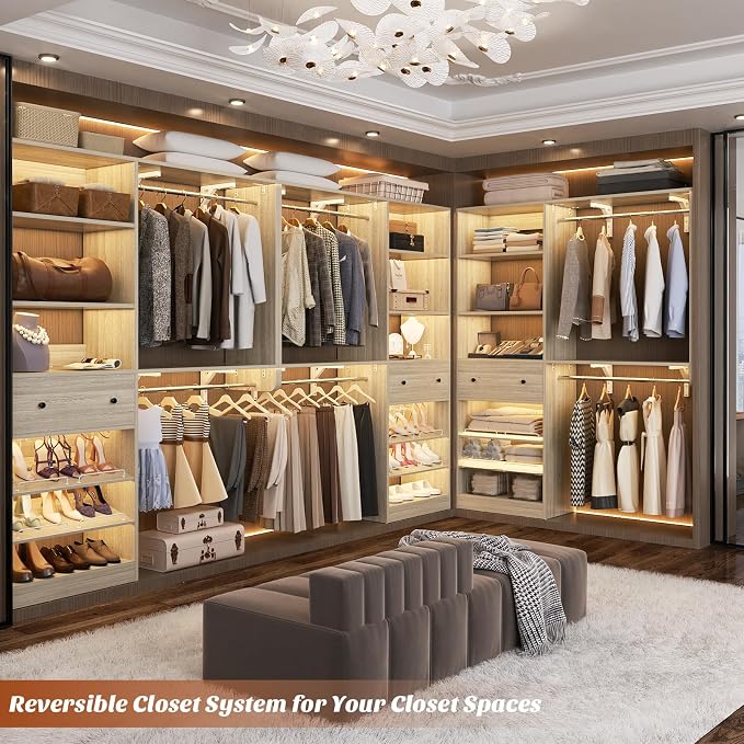 [10 FT Closet System] 120 Inch Reversible Set of 2 Wood Closet Organizer System with 2 Drawers, 4 Hanging Rods Adjustable Shelf, Walk In Closet Organizers with Shoe Rack, Garment Rack, White Oak