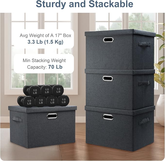 Graciadeco Large 17" 36 Quart Collapsible Stackable Storage Bins with Lids, 3 Packs Dark Gray Foldable Fabric Closet Storage Boxes with Lids, Heavy-duty Linen Cube Baskets(17x12x11) | 36 Quart 3 Pack Dark Gray Collapsible Stackable Linen Fabric 4 Handl...