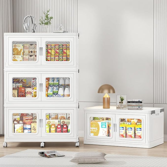 BROVIEW 880 Qt/220 Gal Stackable Storage Bins with Lids, 4 Pack, White | Large Stackable Storage Boxes w/ 4 Lid Folding Plastic Cart Organizer for Home Kitchen, Open Front Clear Door with Wheels