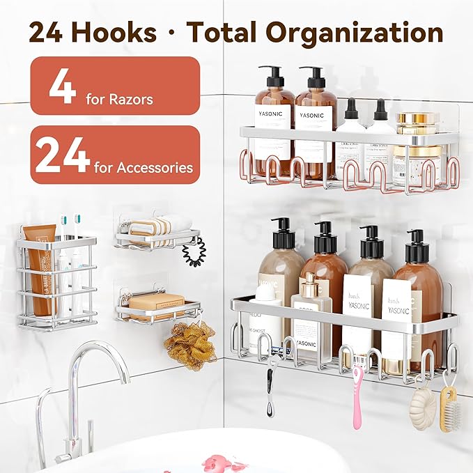 YASONIC Shower Caddy Adhesive, 100% Rustproof Shower Organizer with Soap and Toothbrush Holder, Large Capacity Shower Shelves for Inside Shower, No Drill Shower Storage for Home (5 Pack Silver)