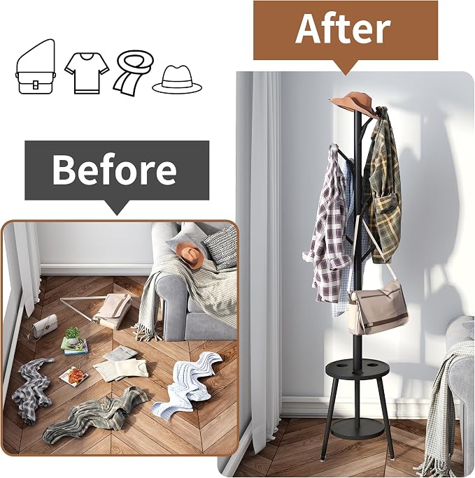 Freestanding Coat Rack with Umbrella Organizer Tray Bamboo Coat Tree Rack with 8 Hook Stand for Clothes Bag Hats Entryway Hanger Stand(Black)