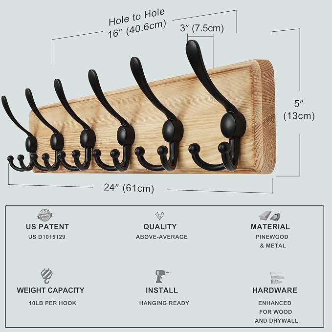 Coat Rack Wall Mounted - 24" Long 6 Tri Hooks, Heavy Duty Wooden Wall Coat Hanger Coat Hook for Clothes Hat Jacket Clothing, Weathered Light Natural and Black, Pack of 2