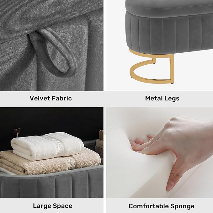 65" Velvet Storage Ottoman Bench End of Bed for Bedroom Entryway Light Grey