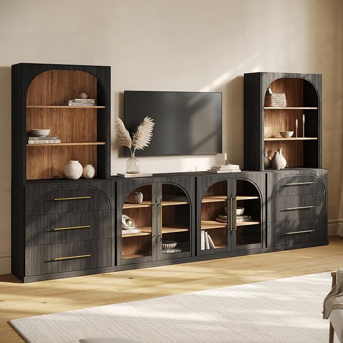 BELLEZE 6-Piece Modular TV Stand Set - 2 Sideboards with Drawers, 2 Arched Glass Door Sideboards, 2 Hutch Cabinets, Classic Modern Media Console with Adjustable Shelves for Living Room (Ebony)