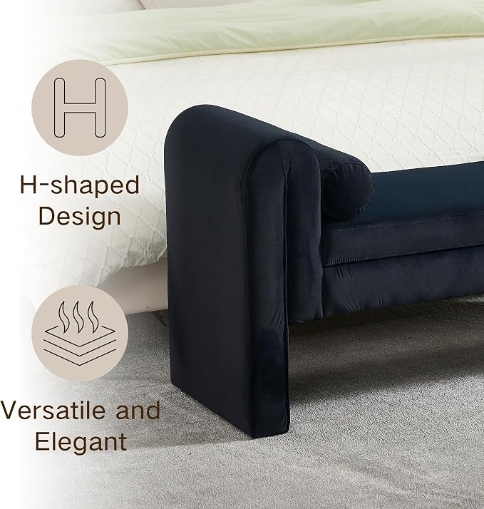 Modern Bench for Bedroom End of Bed, 60.5" Velvet Upholstered Rolled Armed Stool Bench, Sofa Ottoman Long Bench with 2 Pillows for Entryway/Bedroom/Hall (Black-60.5 Inch)