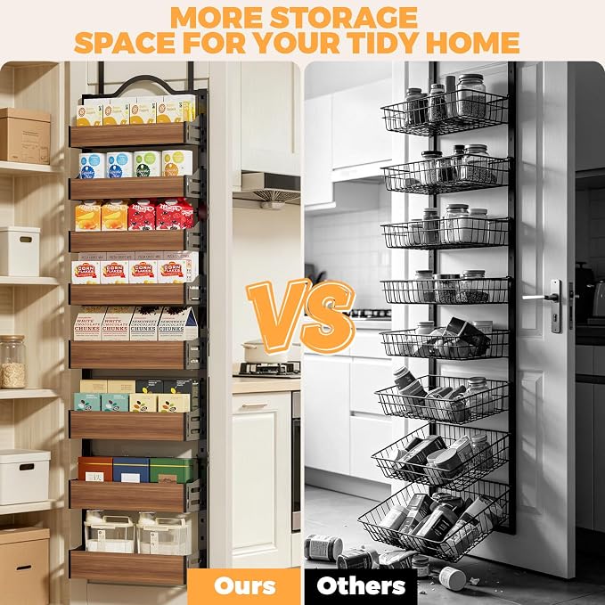 8-Tier Pantry Door Organizer, Over the Door Pantry Organizer with Wooden Adjustable Baskets, 2 IN 1 Spice Rack Wall Mount or Door Organizer, Door Spice Rack（12.4"W x 5.5"D x 66.1"H,1 Pack, Black)