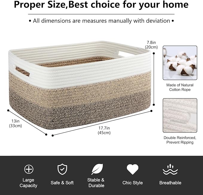 OIASKET Large Storage Basket for Organizing, Woven Rope Basket for Shelves, Closet Organizer Bins for Clothes, Blanket, Toys, Baby Nursery Storage, 17.7" x 13" x 7.87", 2 Packs Yellow