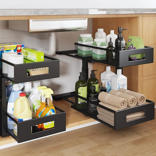 Under Sink Organizer, 2-Tier Dual Pull Out Cabinet Organizer Drawers With Smooth Circular Rail, Large Capacity Metal Mesh Sliding Shelves For Bathroom& Kitchen Storage,Height Adjustable–Black,2 Packs