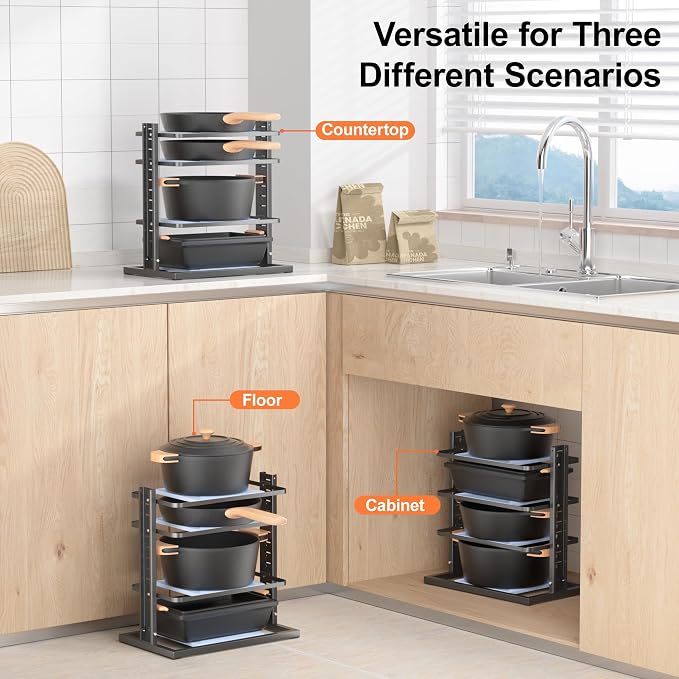 LAMU Pots and Pans Organizer for under Cabinet, 4-Tier Heavy Duty Pan Pot Organizers inside Cabinet, Adjustable Pot Rack Kitchen Cabinet Organization and Storage Holds up to 12" Cookware