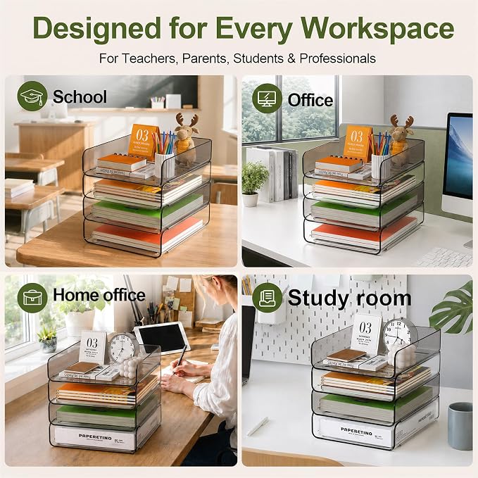 FANXIYQ 4-Tier Acrylic Paper Tray Organizer, 2-Tone Office Paper Organizer | Stackable, Tool-Free Design with 2-4 Tiers for A4 Paper, Files, Books and Mail; Ideal for School, Home Office and Study Room