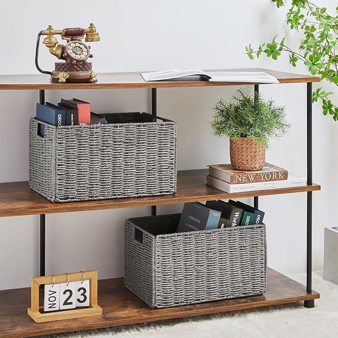 Vagusicc Wicker Storage Basket, Set of 2 Hand-Woven Paper Rope Wicker Basket, Small Storage Baskets for Organizing Toilet Paper Basket, Foldable Large Cube Storage Organizer Bins for Shelves (Grey)