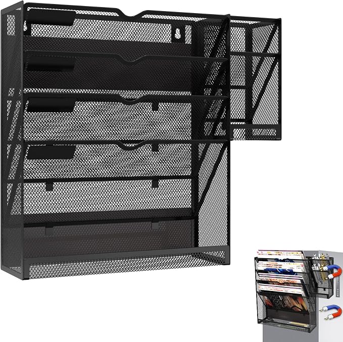 Magnetic File Holder, Magnetic File Organizer Wall Mount, 5 Tier Hanging Mail Organizer Folder Holder, Mesh Desk Accessories and Organizers, Paper Document Magazine Rack with 3 Pen Holder