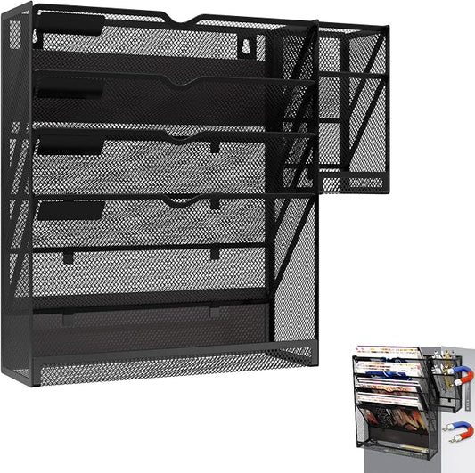 Magnetic File Holder, Magnetic File Organizer Wall Mount, 5 Tier Hanging Mail Organizer Folder Holder, Mesh Desk Accessories and Organizers, Paper Document Magazine Rack with 3 Pen Holder