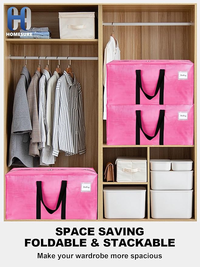 HOMESURE Supports 200lbs Heavy Duty Moving Bags - Strong Zipper & Wrap-Around Handles - Water-Resistant Storage Totes, Durable Alternative to Moving Boxes - 8 Pack - Pink