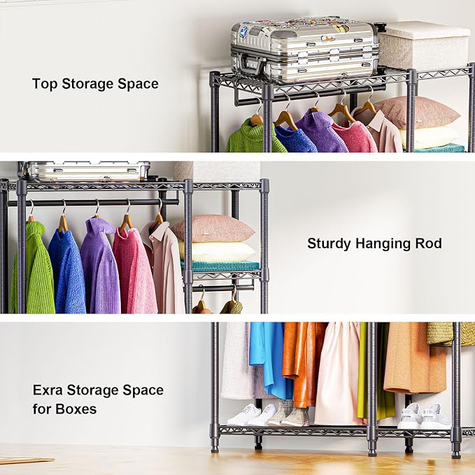 M MZG Heavy Duty Rolling Garment Rack 3 Tiers Adjustable Wire Shelving Clothes Rack with 3 Rods and Side Hooks,Storage Closet Clothing Rack Black 15.7" D x 43.3" W x 76.5" H