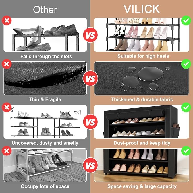 VILICK Shoe Rack with Cover Narrow Shoe Organizer with Pockets 10 Tier Tall Shoe Storage Holds 36-41 Pairs Shoes and Boots Shoe Rack for Closet Entryway Garage, Black