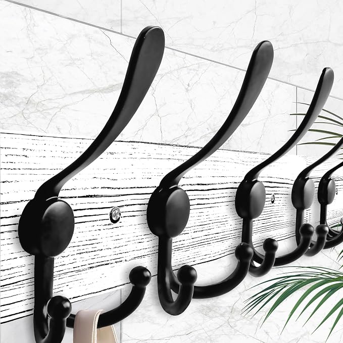 IBosins Wall Mounted Coat Rack, 31.4" Long with 8 Black Rustic Tri-Hooks | Vintage White Rustic Wood & Aluminum Coat Rack for Coat, Bag, Towel, Key, Hat, Umbrella