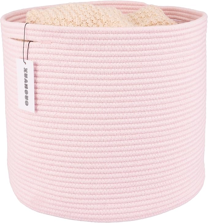XUANGUO Cotton Rope Basket For Girls Kids 16”X14” pink | Baby Laundry Baskets, Blanket Basket, Nursery Bin; Round Woven Basket Organizer for Toy Storage, Blankets, Shoes and Clothes