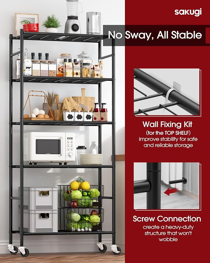 Sakugi 5-Tier Storage Shelves 33.1" x12.6" x73.5" Black with Wheels | Kitchen, Closet, Pantry, Garage, Heavy Duty, Adjustable Feet, Metal Construction