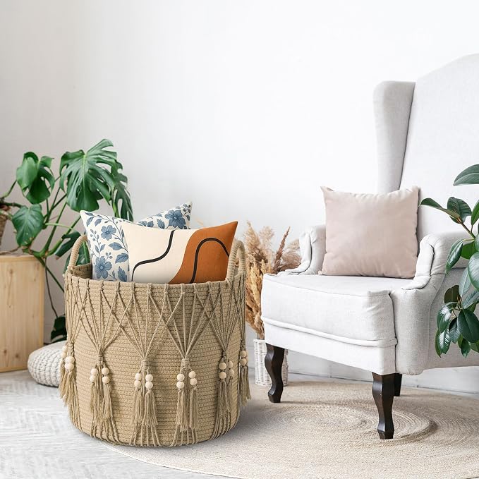 Blanket Basket for Living Room Decor Storage Basket for Toy Organizer Boho Decor Baskets for Modern Farmhouse Decor Small Laundry Basket for Bedroom and Laundry Room Organization,Natural