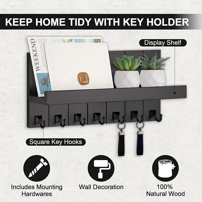 Key Holder for Wall, Decorative Key Holder with Shelf, Key and Mail Holder Wall Mount, Farmhouse Decor with 7 Key Hooks for Keys, Coats, ect.