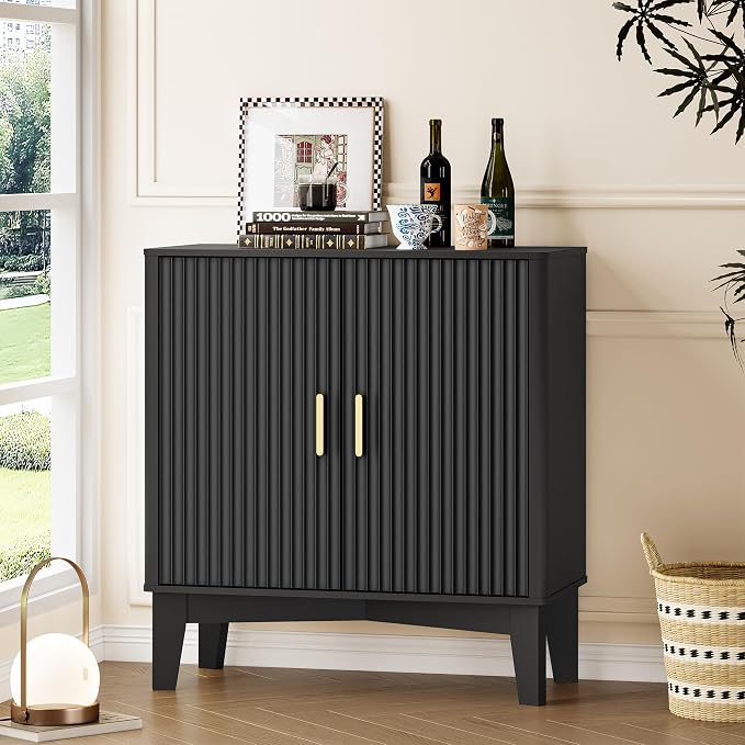 BORNOON Storage Cabinet with Doors and Adjustable Shelf, Modern Fluted Sideboard Buffet Cabinet, Freestanding Coffee Bar for Kitchen, Pantry, Entryway, Living Room (Black)