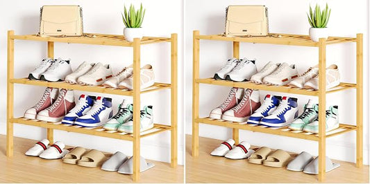 Smiry Shoe Rack, 3 Tier Bamboo Shoe Organizer, Stackable Free Standing Wooden Shoe Storage Shelf for Closet, Entryway, Front Door Entrance, Natural (Pack of 2)