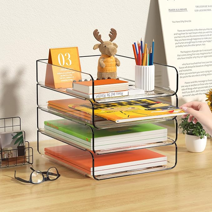 FANXIYQ 4-Tier Acrylic Paper Tray Organizer, Clear Stackable Desk File Organizer for Documents, Files, Letters, A4 Paper, Books, Notes, Mail & Paper Storage, Office Classroom Home