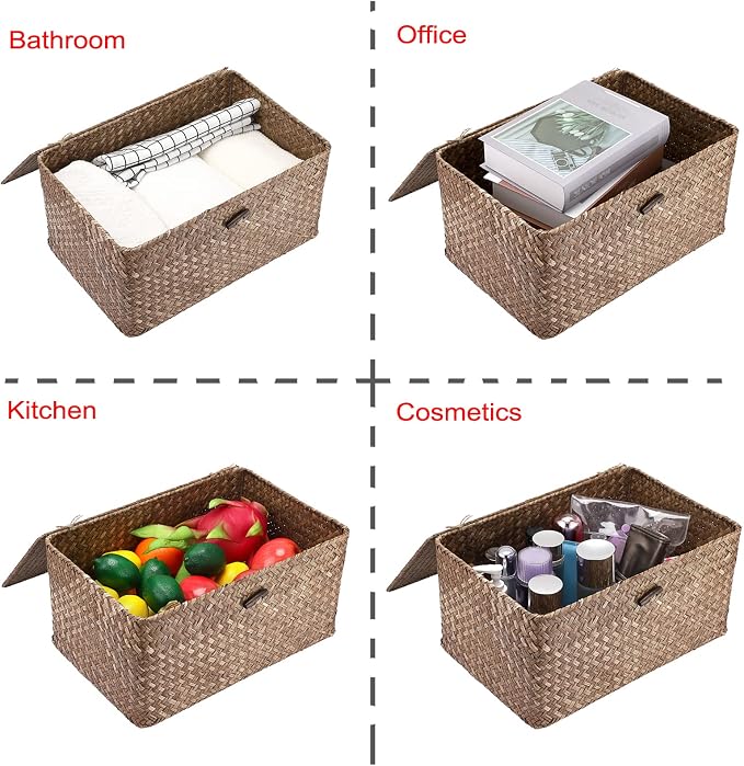 Hipiwe Wicker Shelf Baskets Bin with Lid Large Handwoven Basket Box, Coffee | Natural Seagrass Storage Baskets, Rectangular Household Basket Boxes for Shelf Wardrobe Home Organizer