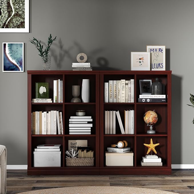 3 Tiers 6 Cube Storage Organizer Bookcase, 30 inch Width Wooden Book Shelf | 6 Storage Cube Adjustable Space Book Case, Vertical Bookshelf Display Cabinet Organizer for Home Library Office, Mahogany