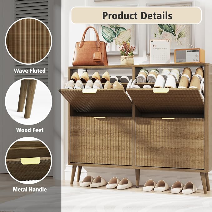 KIGOTY Narrow Shoe Storage Cabinet, Shoe Cabinet with 4 Flip Drawers, Freestanding Shoe Organizer with Legs for Entryway, Slim Shoe Rack Cabinet for Enterway (Light Brown, 4 Flip Drawer)