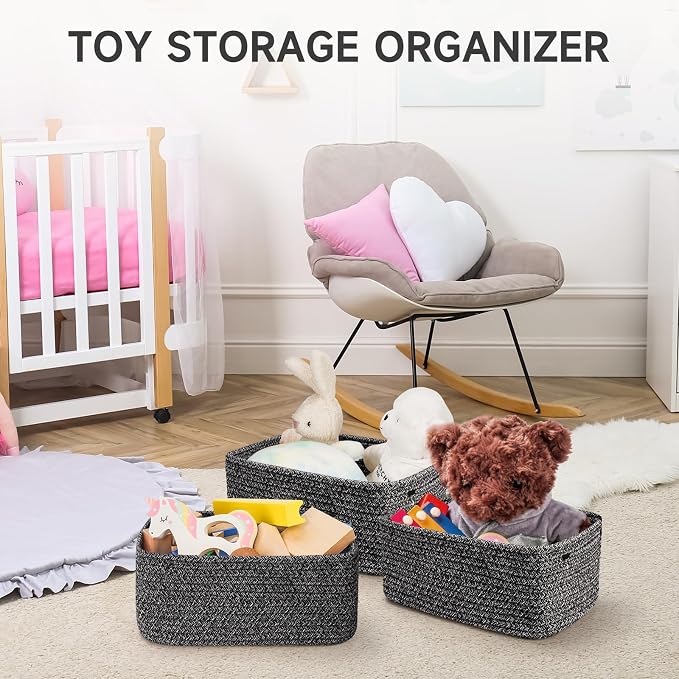 3-Pack Shelf Baskets for Organizing, Closet Organizer Bins, Small Woven Baskets, Rope Toy Basket, Storage Basket for Shelves, Cube Decorative Box, 11.8×7.8×5.1”, Mixed Black