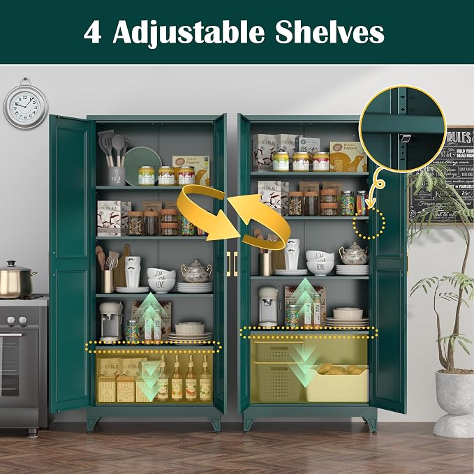 SteeLoong 75”Metal Pantry Storage Cabinet with Doors & 4 Adjustable Shelves | Kitchen Pantry Cabinet,Green Kitchen Cabinet with 2 Gold Handles,Tall Cabinet for Livingroom,Pantry, Bathroom,Kitchen,Garage