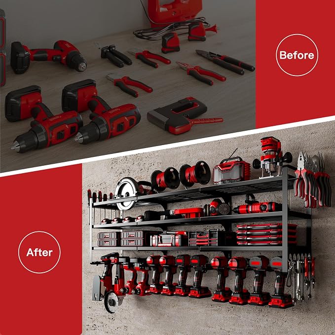 NattyDot Power Tool Organizer Wall Mount, 48-Inch 12 Drill Holders, Black | Extra-wide 48-inch Heavy-duty Wall Rack Stores 12 Cordless Drills and Assorted Tools, Maximizing Garage and Workshop Storage