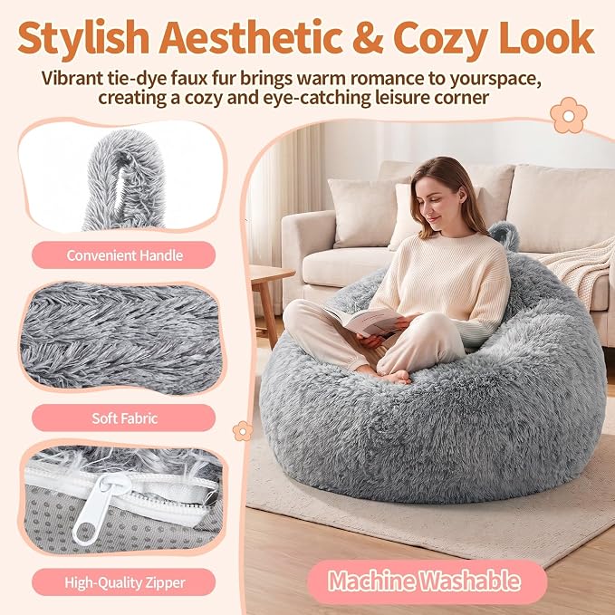 Stuffed Animal Storage Bean Bag Chair Cover, Soft Bean Bag Cover | Fluffy Faux Fur Stuffed Animal Storage Chair, Non-Slip Bottom, Fill with Plush Toys or Blankets, for Adults Teens Kids Girls