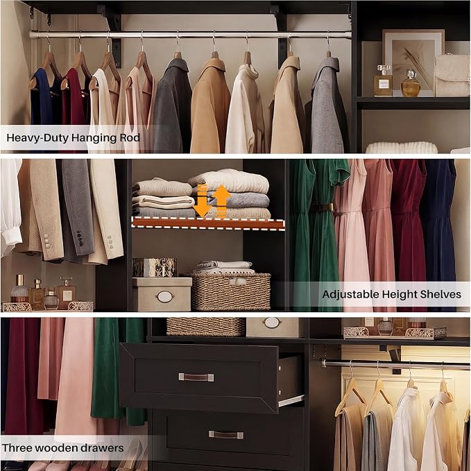 8FT Closet System with 3 Curved Drawers, 96'' Wooden Walk-in Closet Organizer with 3 Top Shelves, Adjustable Organizer System with 3 Hanging Rods, Built-in Wardrobe Storage Rack for 4-8 ft, Black