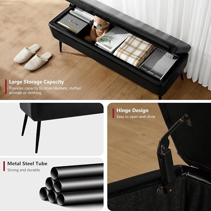 kinmars Leather Storage Ottoman Bench, End of Bed Bench with Steel Legs | Black Leather Smooth Upholstery Design | 660 lb Capacity | Safety Hinges |Mid-Century Modern Style | Bedroom & Entryway