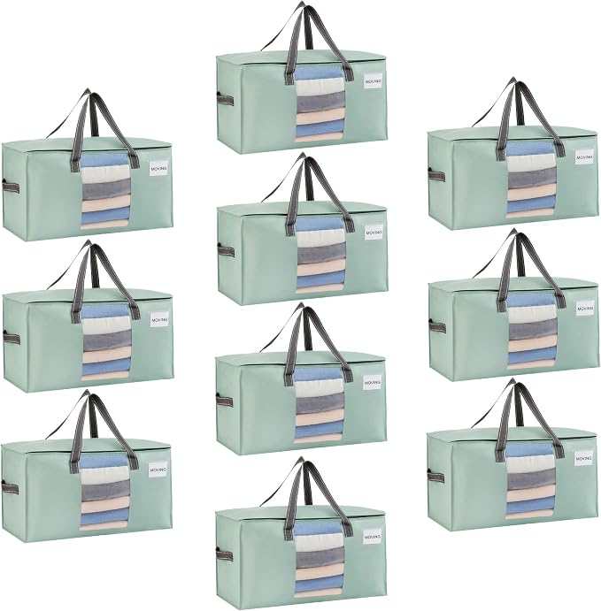 VENO Moving Bags, Wide Open Top, Clear Window, Light Green, 10 Pack | Moving boxes Alternative, Heavy Duty, Storage Bags, Clothes and Comforter Storage, Packing Supplies, College Dorm Essentials
