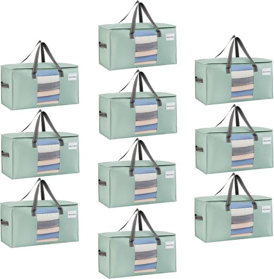 VENO Moving Bags, Wide Open Top, Clear Window, Light Green, 10 Pack | Moving boxes Alternative, Heavy Duty, Storage Bags, Clothes and Comforter Storage, Packing Supplies, College Dorm Essentials